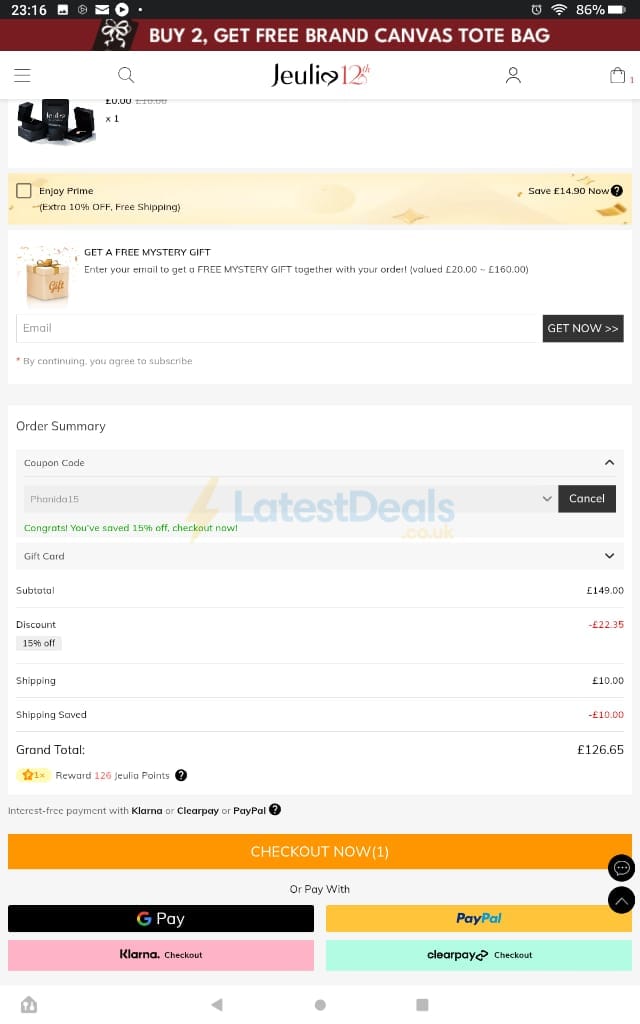 Screenshot of the Jeulia discount code working