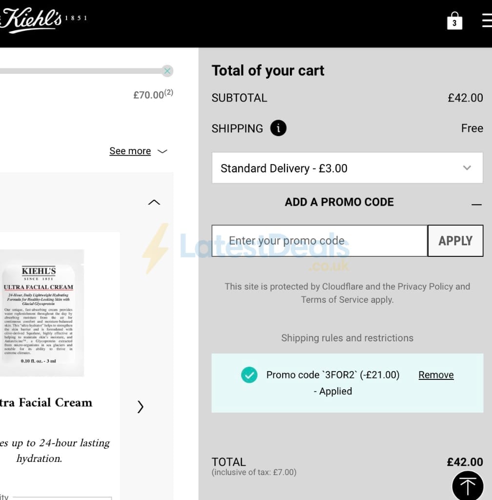 Screenshot of the Kiehl's discount code working