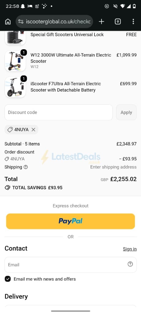Screenshot of the iScooter discount code working