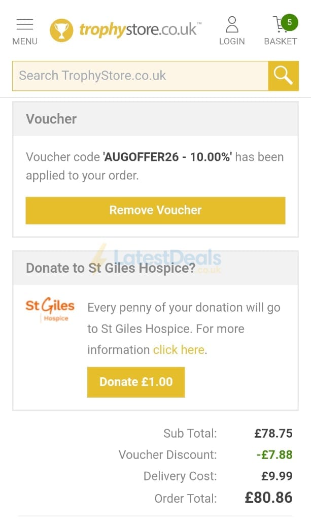 Screenshot of the Trophy Store discount code working