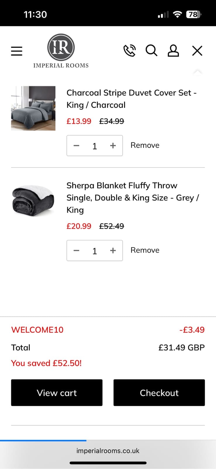 Screenshot of the Imperial Rooms discount code working