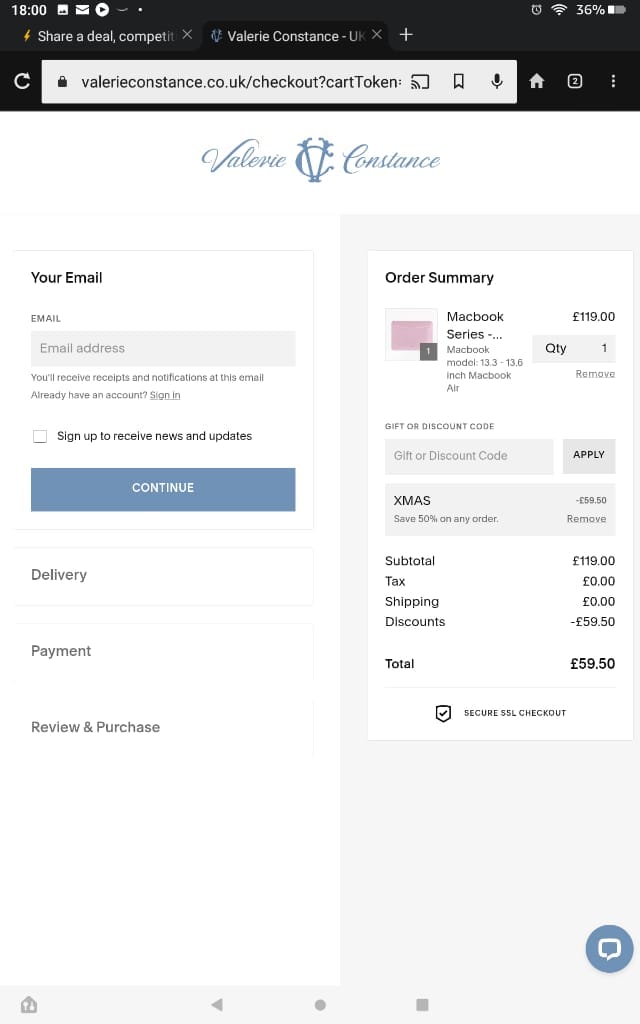 Screenshot of the Valerie Constance discount code working