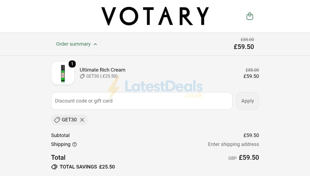 Screenshot of the Votary discount code working