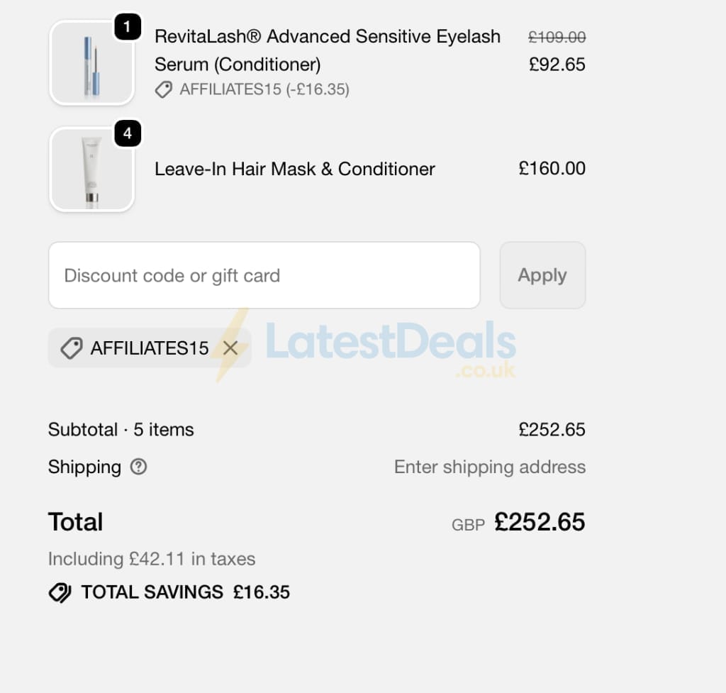 Screenshot of the RevitaLash discount code working