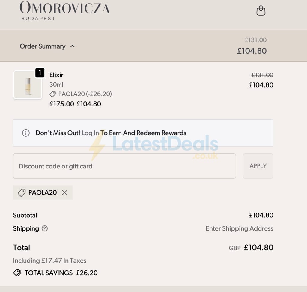 Screenshot of the Omorovicza discount code working