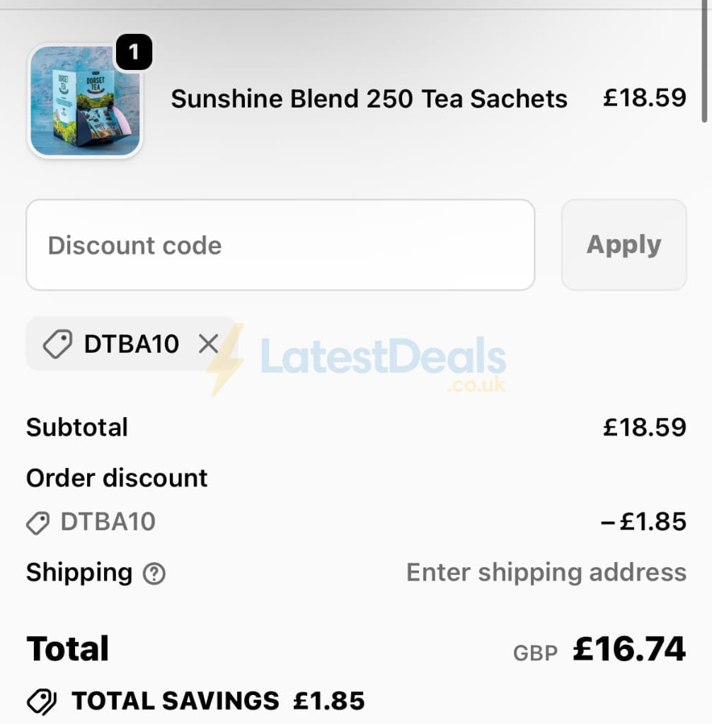 Screenshot of the Dorset Tea discount code working
