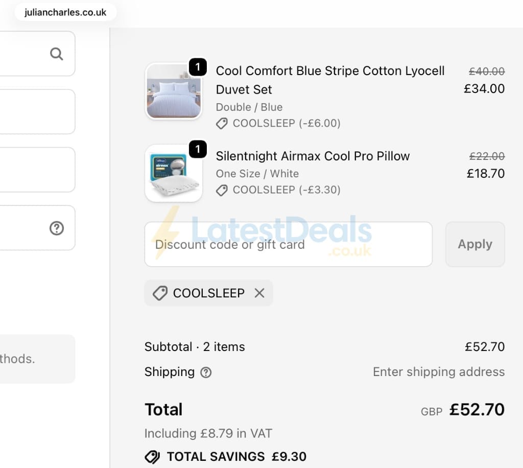 Screenshot of the Julian Charles discount code working