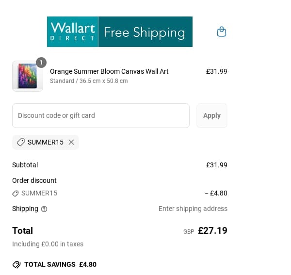 Screenshot of the Wall Art Direct discount code working