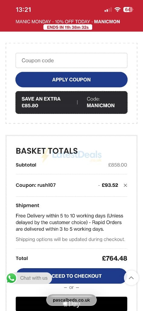 Screenshot of the PSCL Beds discount code working