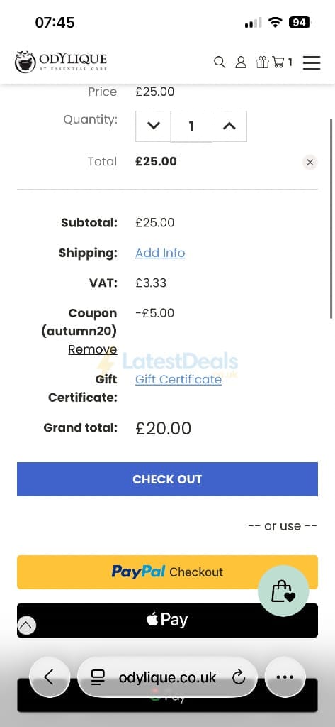 Screenshot of the Odylique discount code working