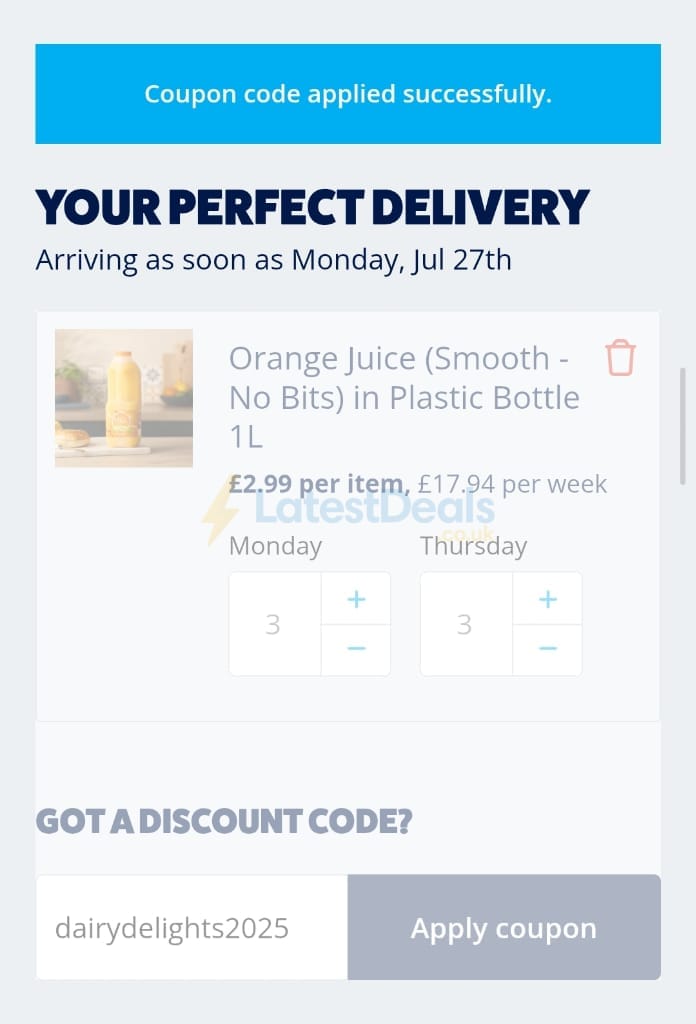 Screenshot of the McQueens Dairies discount code working