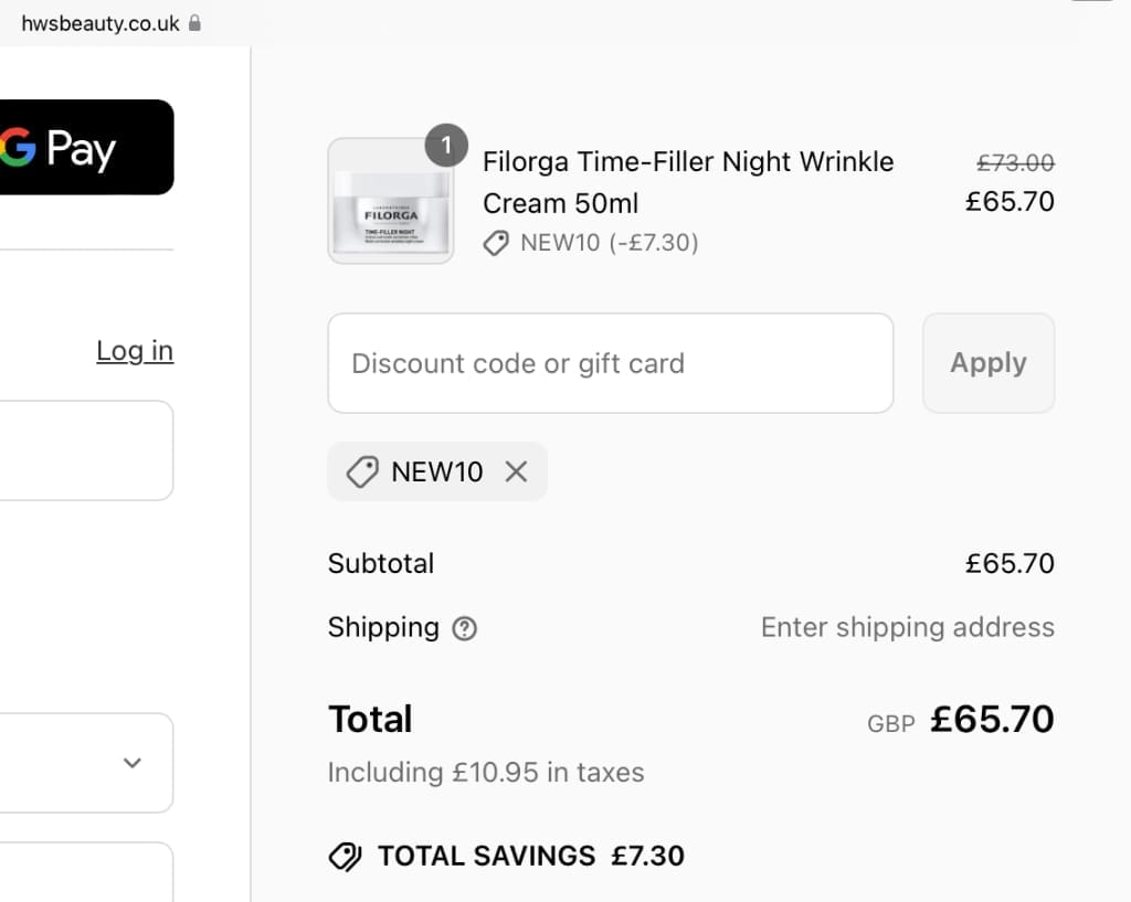 Screenshot of the HWS Beauty discount code working
