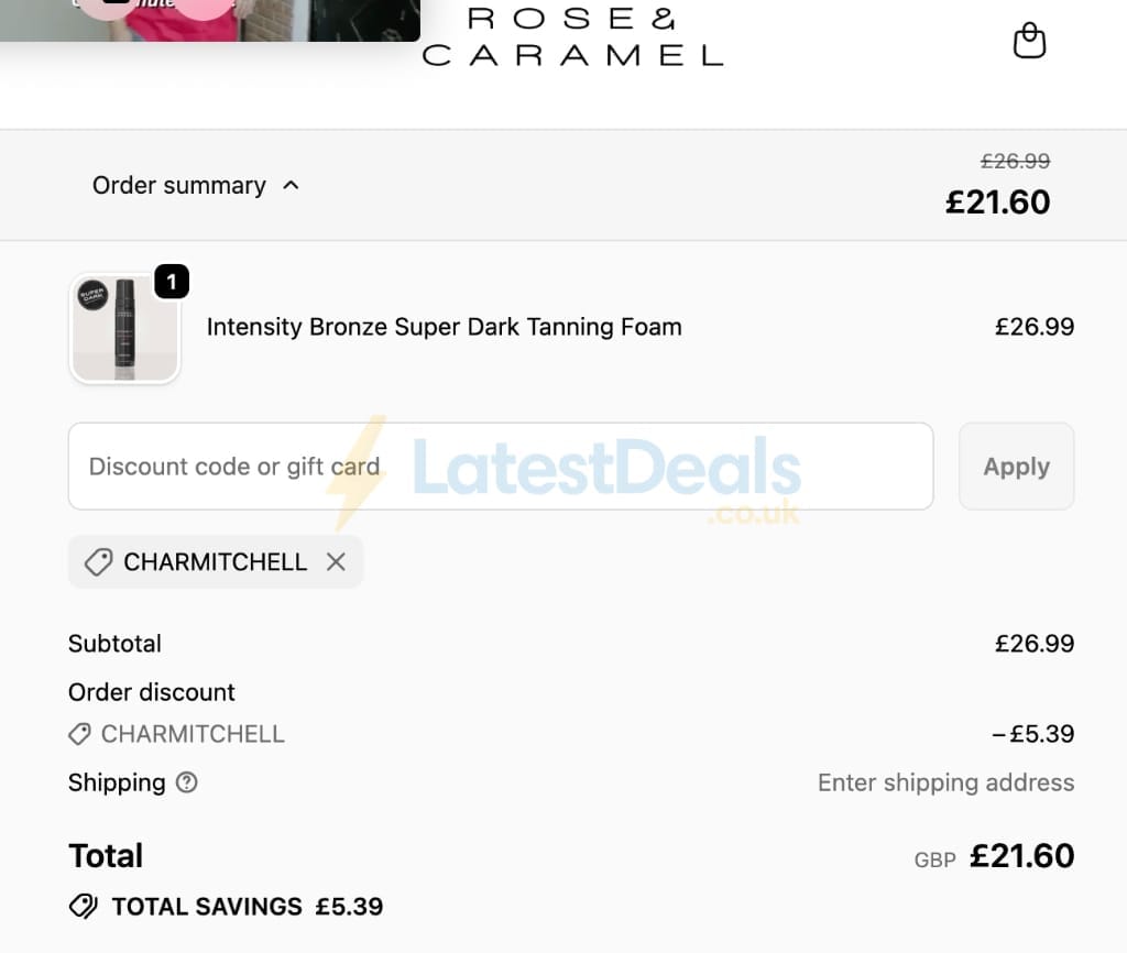 Screenshot of the Rose and Caramel discount code working