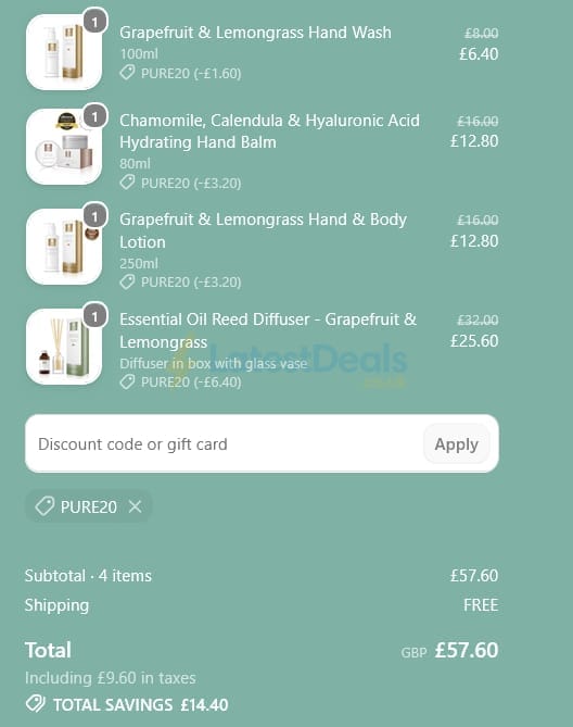 Screenshot of the Pure Lakes discount code working