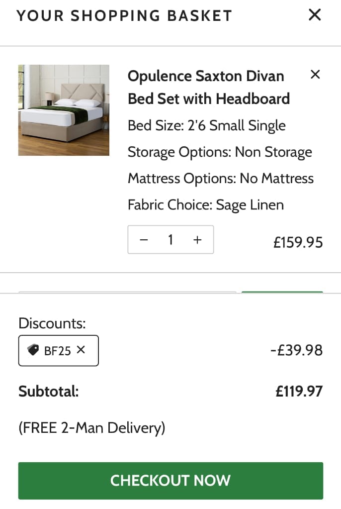 Screenshot of the The Bed Supermarket discount code working