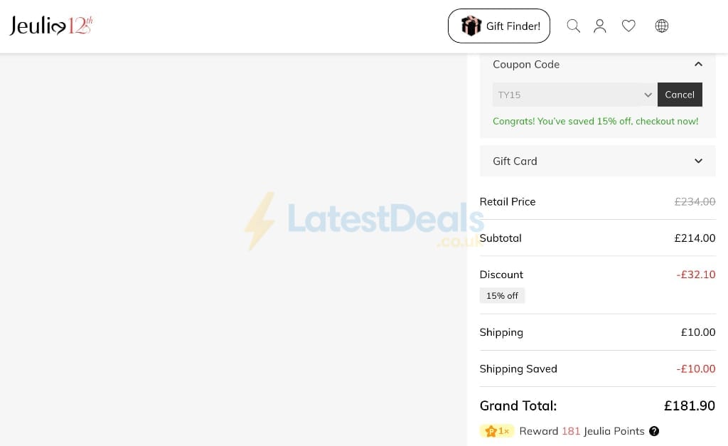 Screenshot of the Jeulia discount code working