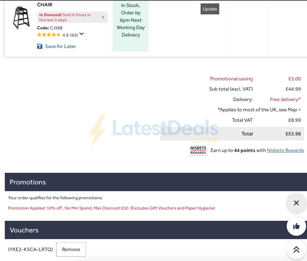 Screenshot of the Nisbets discount code working