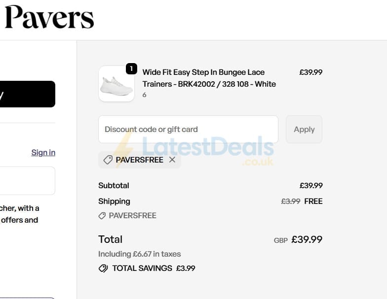 Screenshot of the Pavers discount code working
