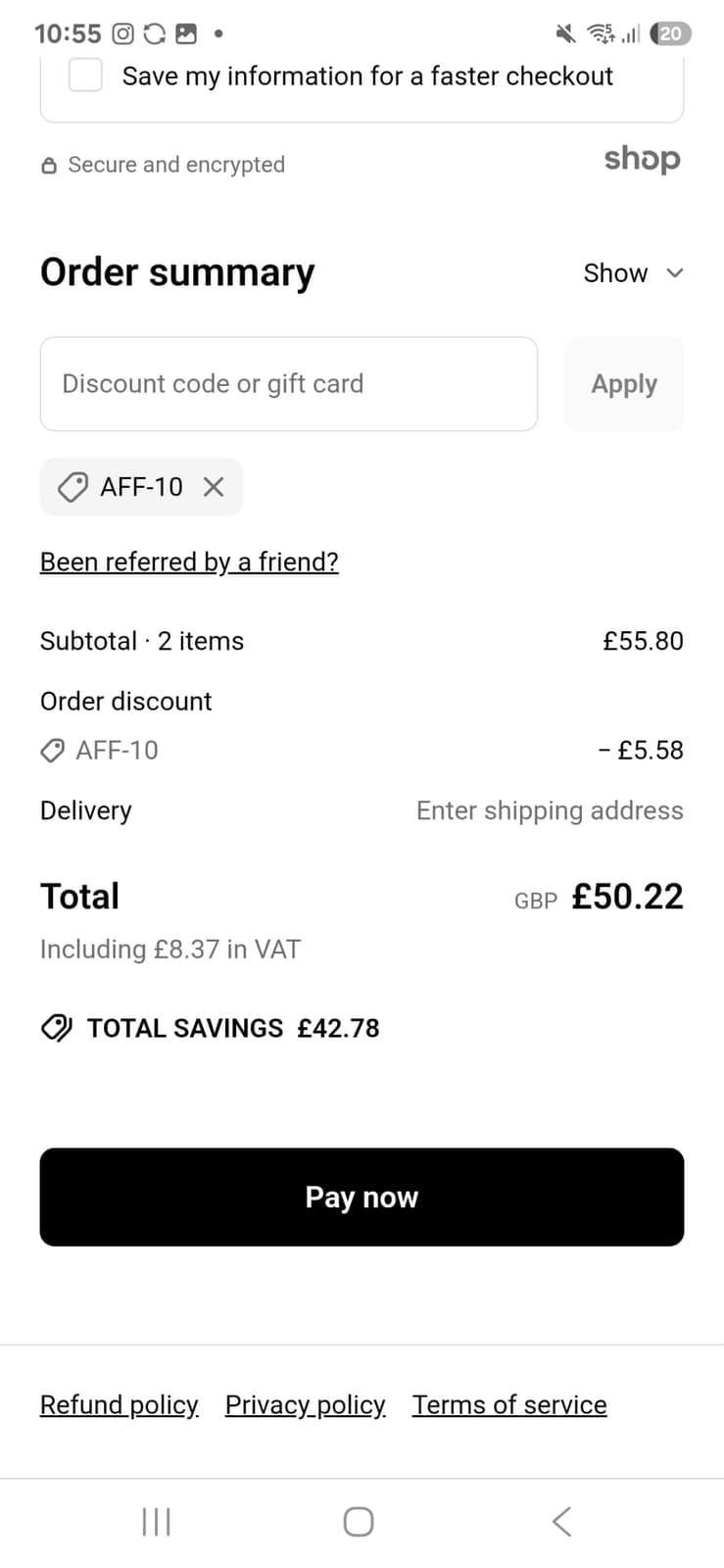 Screenshot of the Le Col discount code working