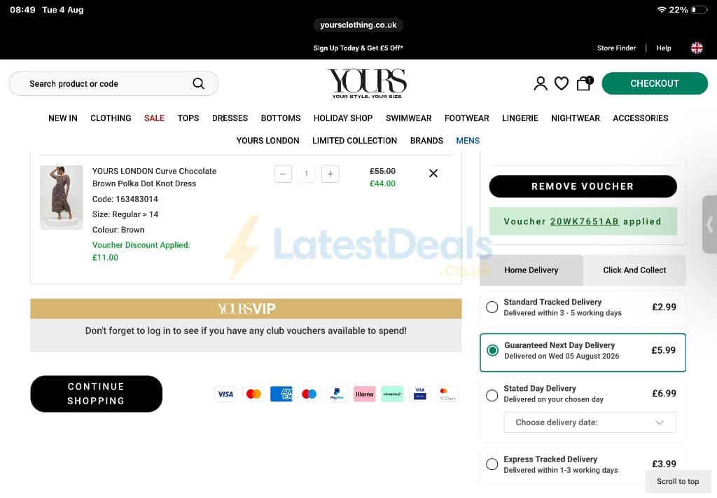 Screenshot of the Yours Clothing discount code working