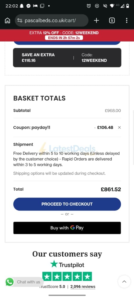 Screenshot of the PSCL Beds discount code working