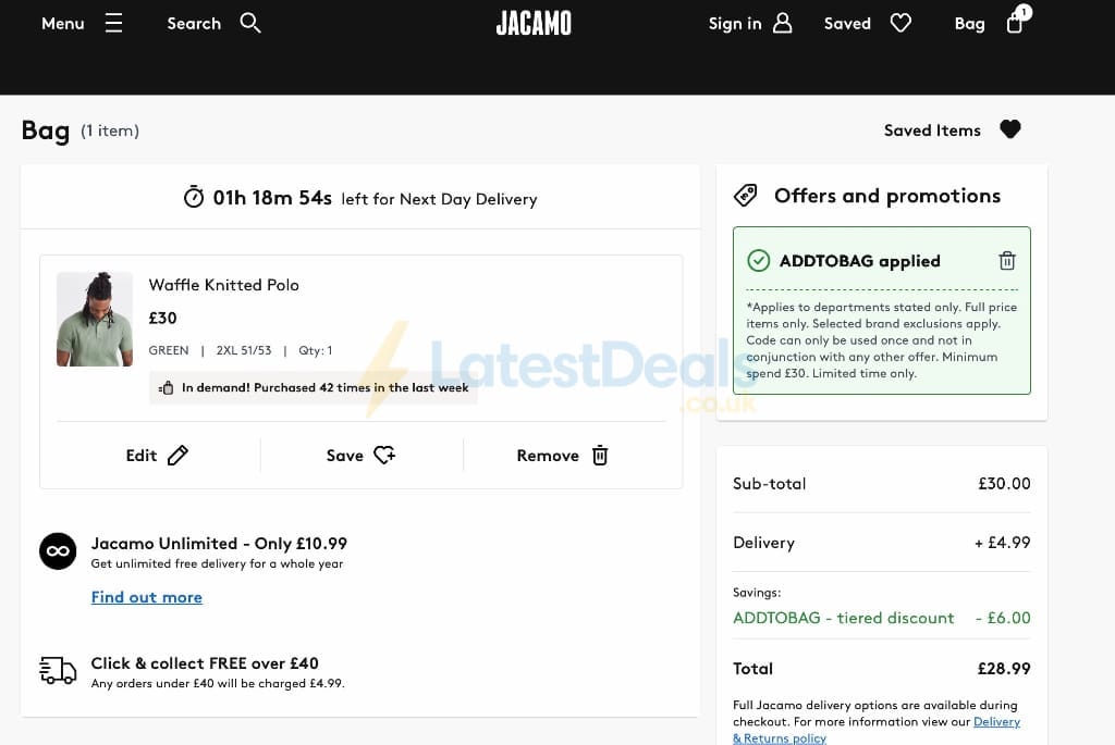 Screenshot of the Jacamo discount code working