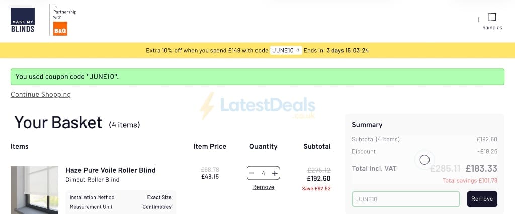 Screenshot of the Make My Blinds discount code working