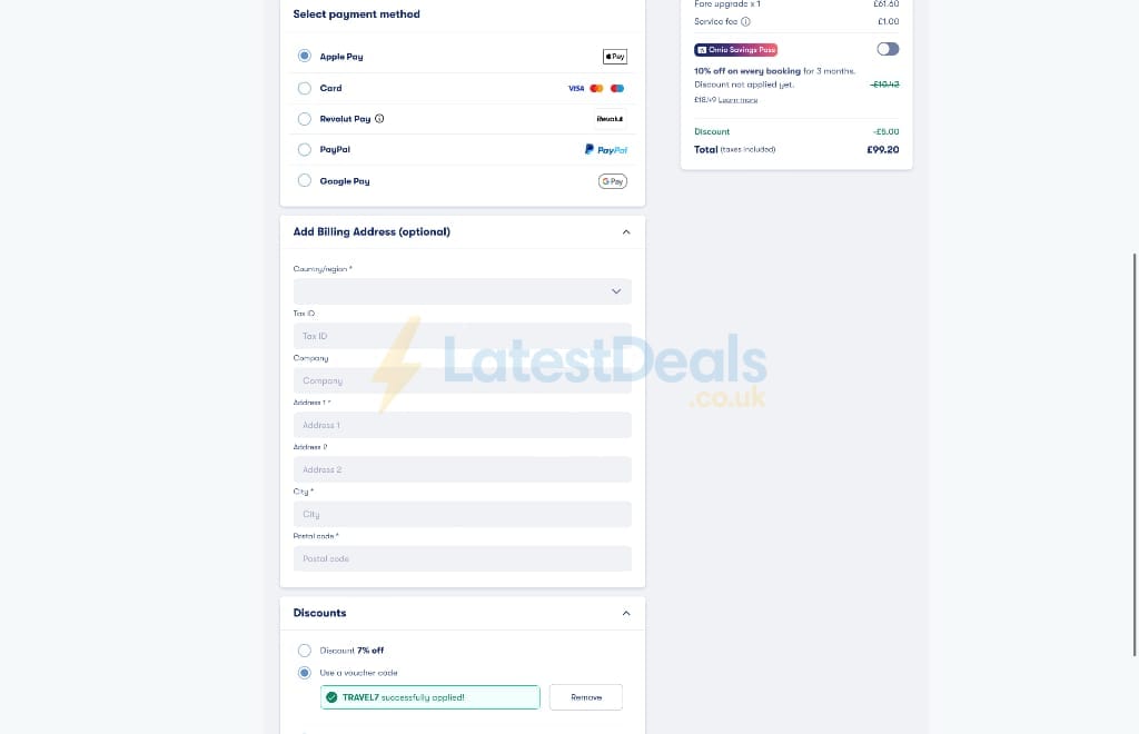 Screenshot of the Omio discount code working
