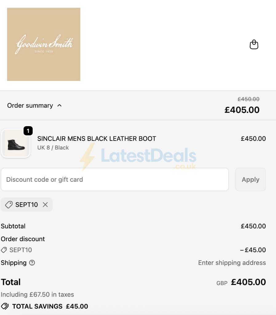 Screenshot of the Goodwin Smith discount code working
