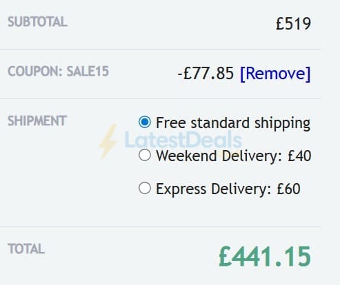 Screenshot of the BedWorld discount code working