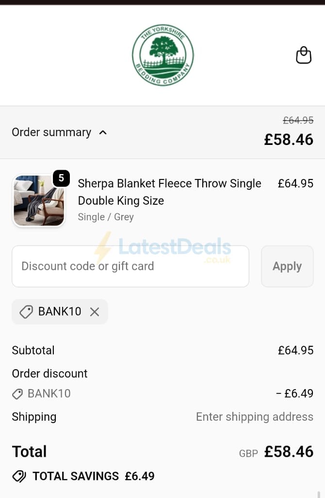 Screenshot of the Yorkshire Bedding discount code working