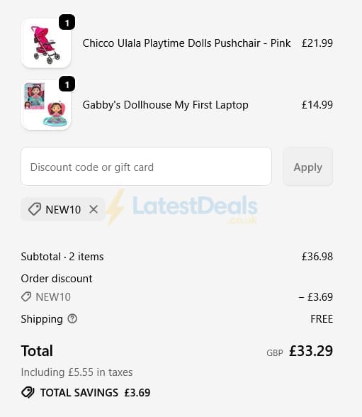 Screenshot of the Wowow Toys discount code working