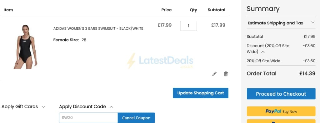 Screenshot of the ProSwimwear discount code working