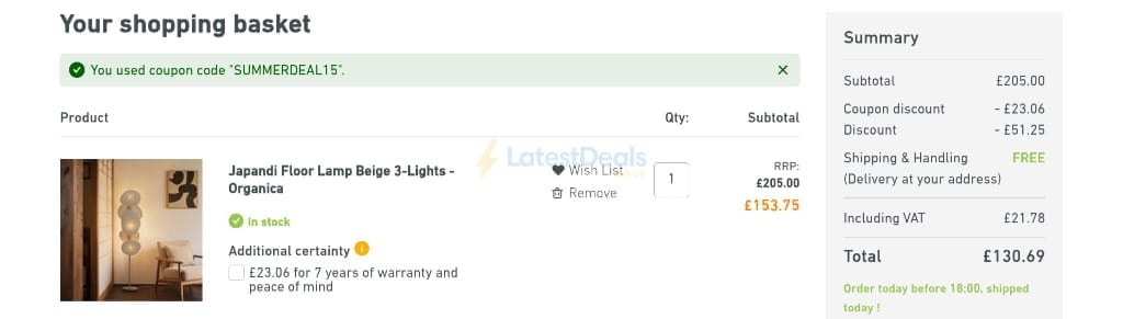 Screenshot of the Lampandlight discount code working
