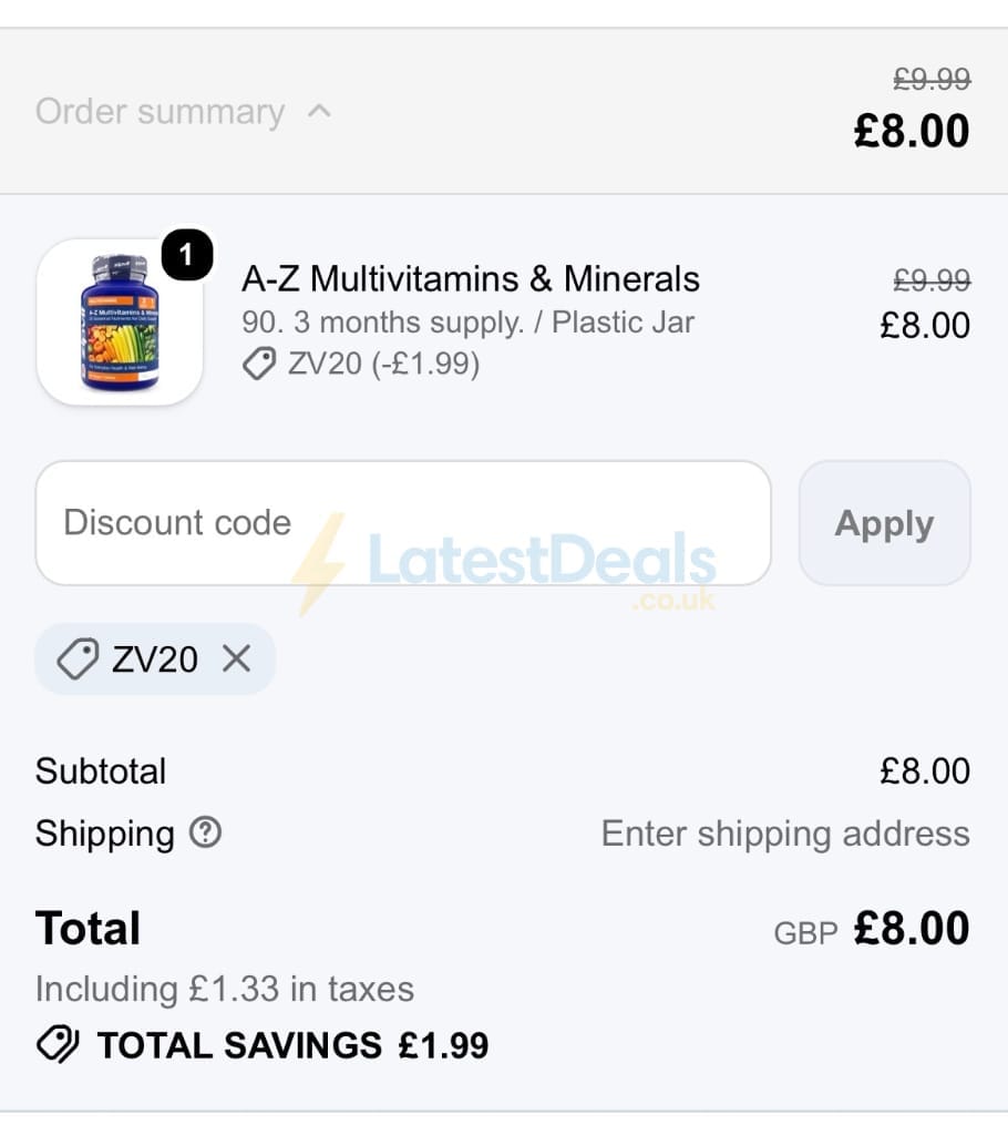 Screenshot of the ZipVit discount code working