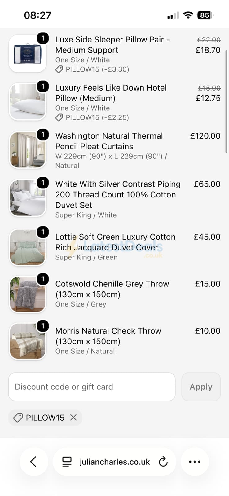 Screenshot of the Julian Charles discount code working