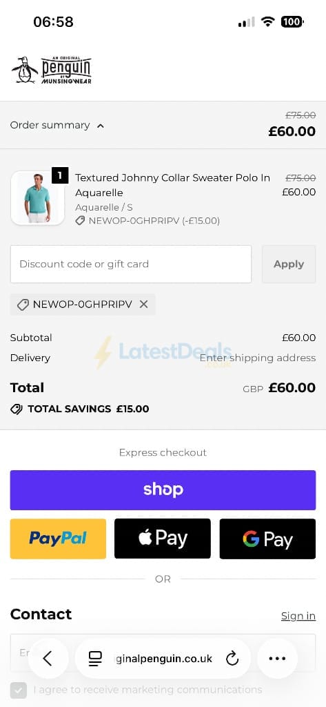 Screenshot of the Original Penguin discount code working