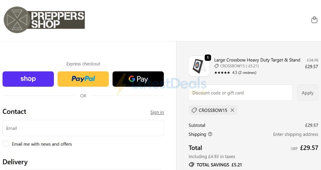 Screenshot of the Preppers Shop discount code working