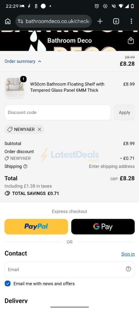 Screenshot of the Bathroom Deco discount code working
