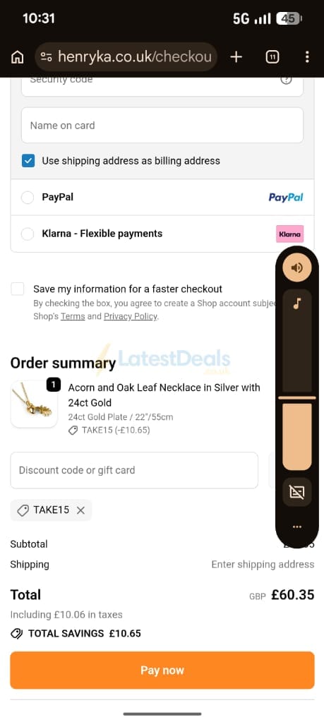 Screenshot of the Henryka discount code working