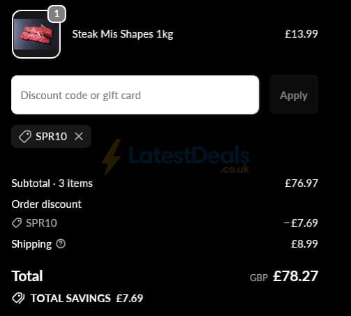 Screenshot of the The Meat Man discount code working