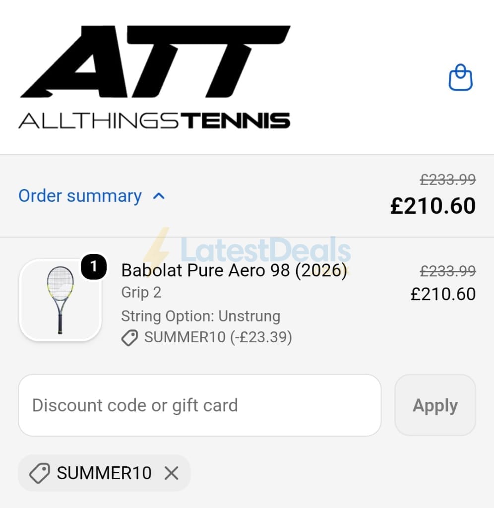 Screenshot of the All Things Tennis discount code working