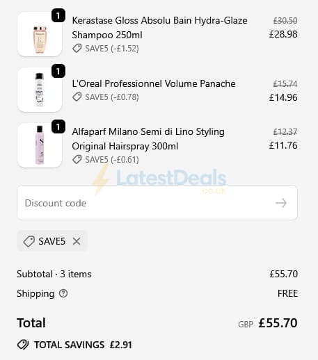 Screenshot of the LuxuriousLook discount code working