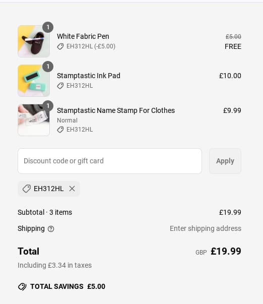 Screenshot of the Stamptastic discount code working