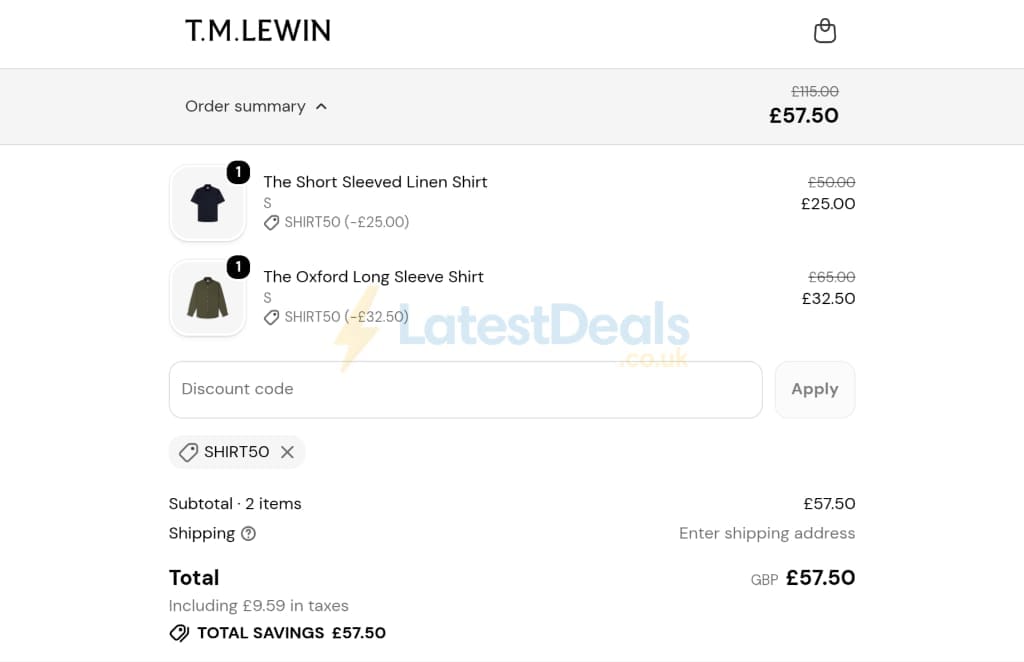 Screenshot of the TM Lewin discount code working