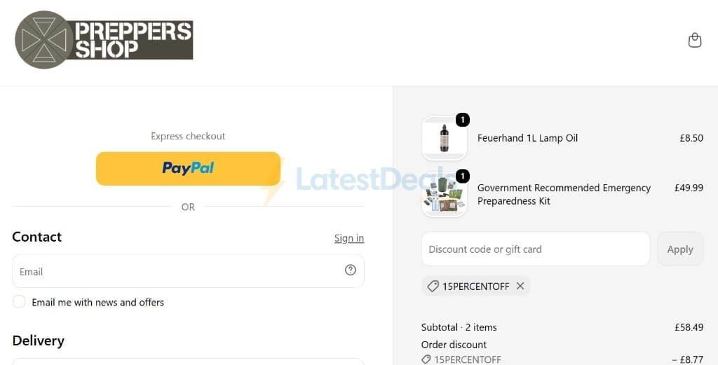Screenshot of the Preppers Shop discount code working