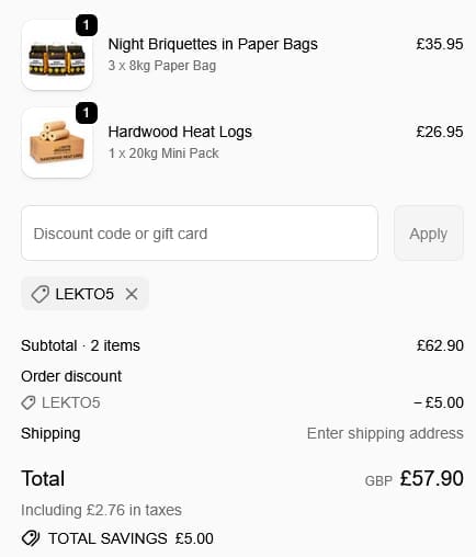 Screenshot of the Lekto Wood Fuels discount code working