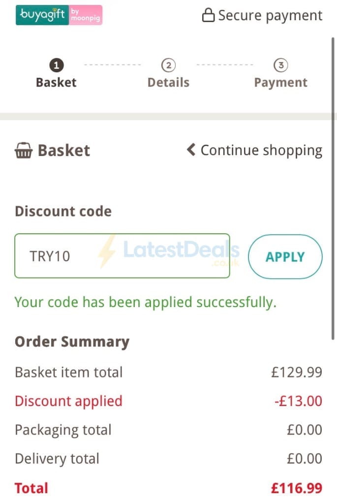 Screenshot of the Buyagift discount code working