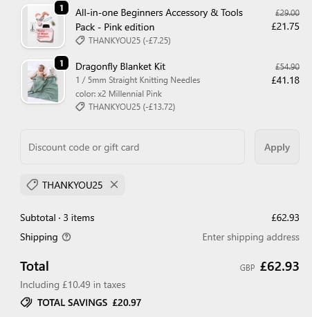 Screenshot of the We Are Knitters discount code working