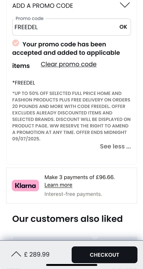 Screenshot of the La Redoute discount code working